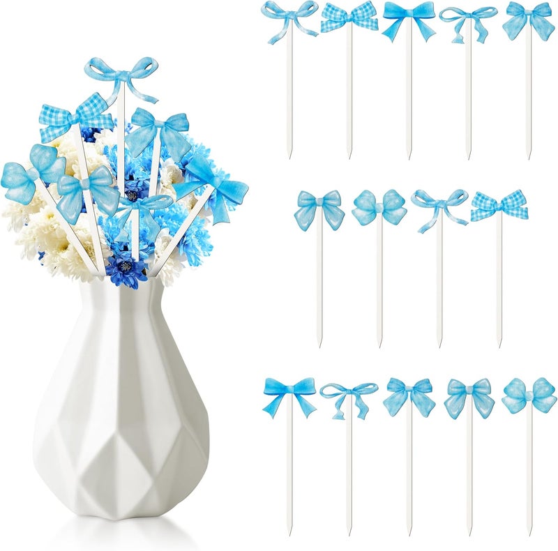 TICIAGA Blue Bow Wooden Pick - 14PCS Blue Bow Tie Double-sided Wooden Decorative Pick for Home Vase Filler Butterfly Knot Floral Wood Decorative Stick for Farmhouse Coquette Theme Decorations for Home - Image 1